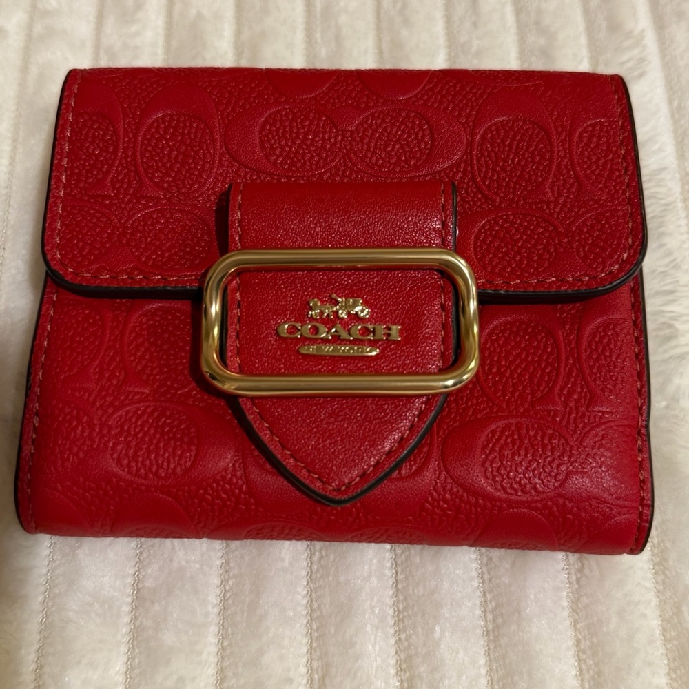 Coach Morgan Small Wallet Signature Embossed Leather Electric Red Rare CF855
